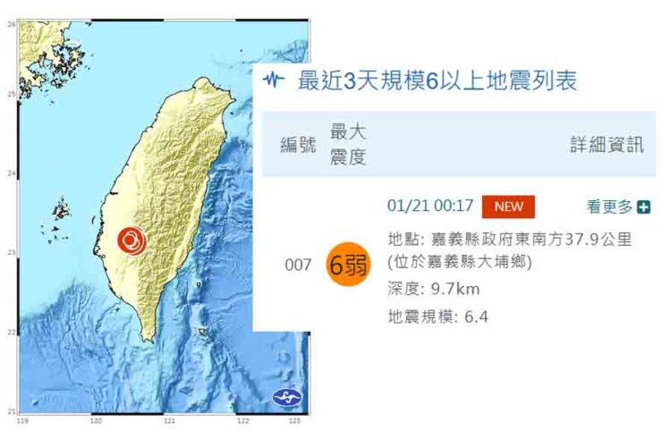 影音╱嘉義縣大埔鄉凌晨芮氏規模6.4地震　台南平房倒塌3人獲救
