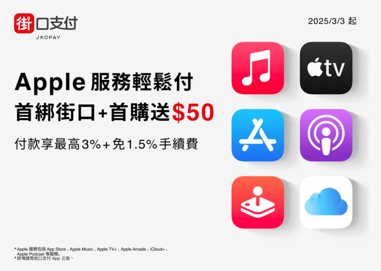 Apple服務輕鬆付!街口支付推首綁首購送50元 付款再享最高回饋 23% Apple服務輕鬆付!街口支付推首綁首購送50元 付款再享最高回饋 23%