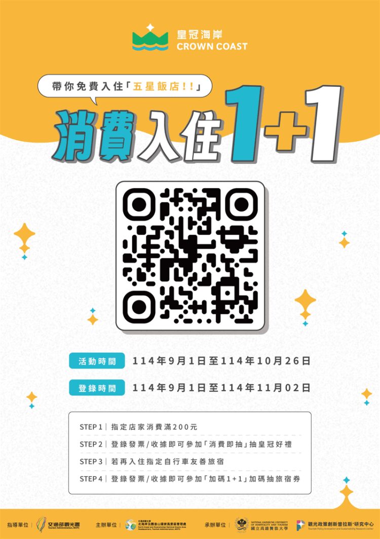 「消費入住1+1」暢遊皇冠海岸 消費即可抽獎 入住指定自行車友善旅宿再抽五星住宿券